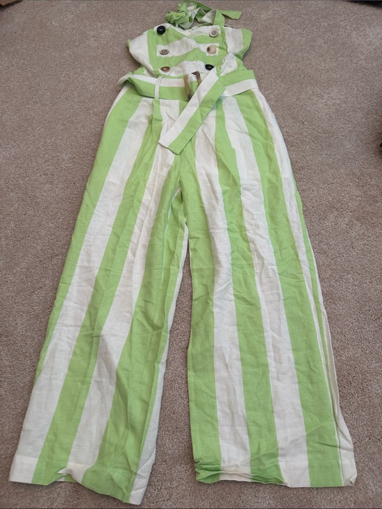 Moon River Pants - Moon River Lime & White Vertical-Stripe Wide-Leg Jumpsuit